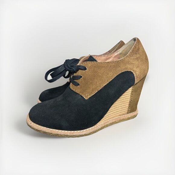PILCRO Oxford Wedge Booties‎ Black Brown Lace Up Leather Suede Shoes Women's 6.5 - Picture 1 of 11
